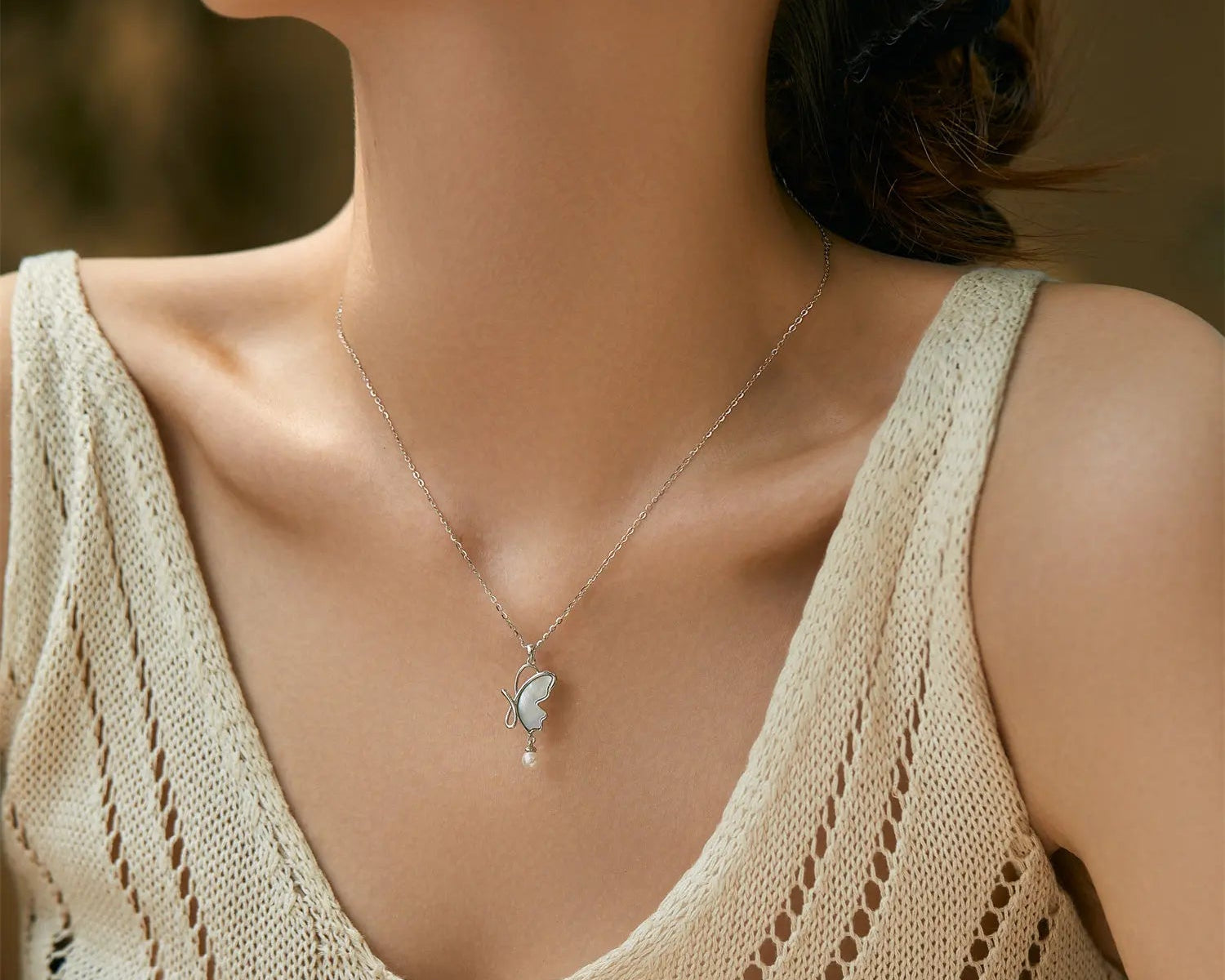 Butterfly Mother-of-Pearl Pearl Pendant Necklace - Silver - Alarita