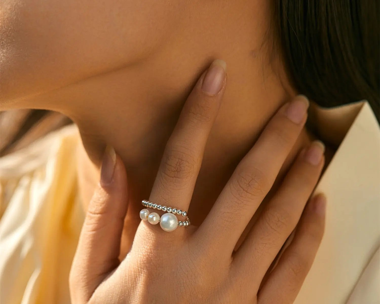 Stackable Beaded Pearl Open Ring - Alarita